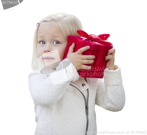 Image of Baby Girl Holding Red Christmas Gift on White