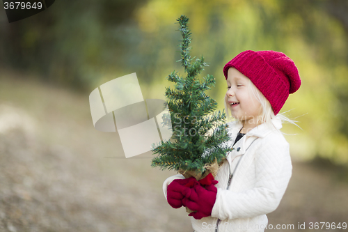 Image of Baby Girl In Red Mittens and Cap Holding Small Christmas Tree