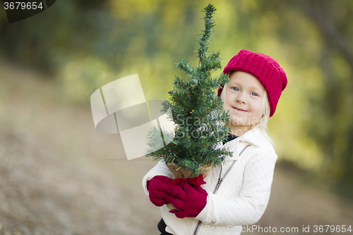 Image of Baby Girl In Red Mittens and Cap Holding Small Christmas Tree