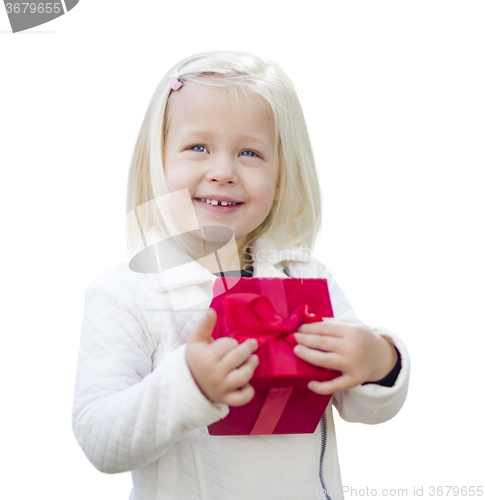 Image of Baby Girl Holding Red Christmas Gift on White