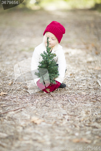 Image of Girl In Red Mittens and Cap Near Small Christmas Tree