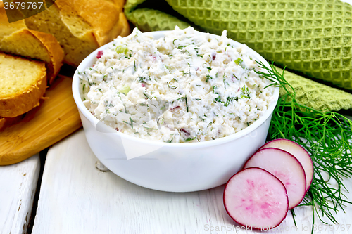 Image of Pate of curd and radish with bread on board