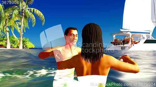 Image of Romatic couple in tropical paradise at sunset
