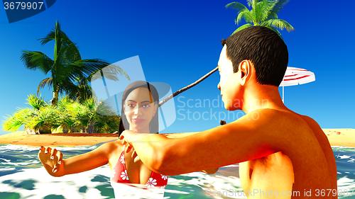 Image of Romatic couple in tropical paradise at sunset