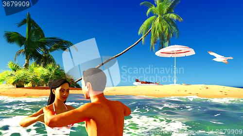 Image of Romatic couple in tropical paradise at sunset