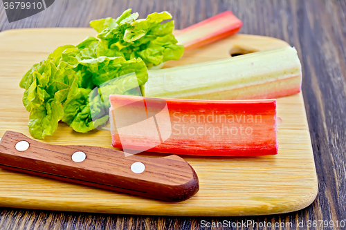 Image of Rhubarb with knife and leaf on board