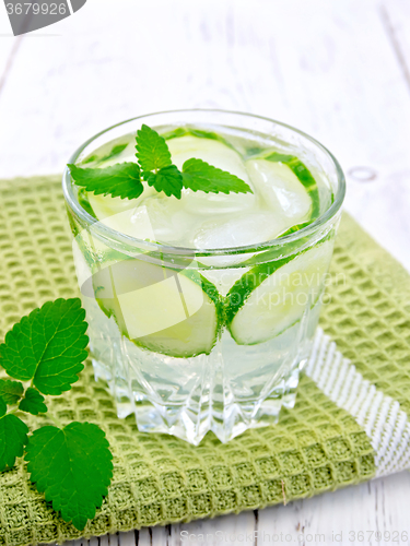 Image of Lemonade with cucumber and mint in glassful on napkin