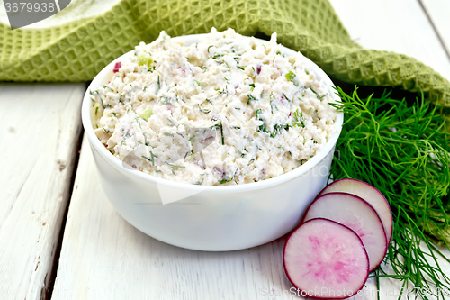 Image of Pate of curd and radish on board