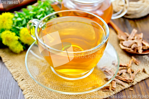 Image of Tea of Rhodiola rosea in glass cup on sacking