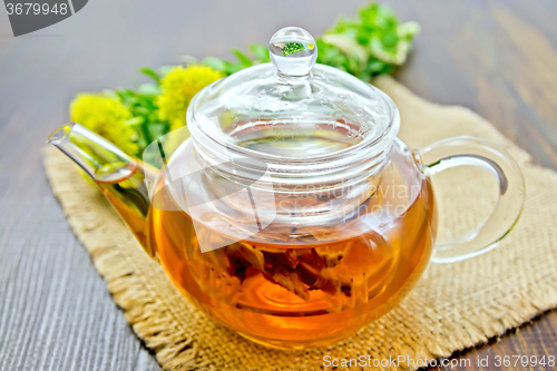 Image of Tea of Rhodiola rosea in glass teapot on sacking