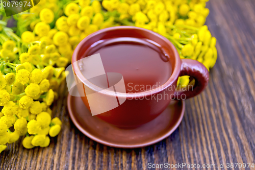 Image of Tea from tansy in clay cup on board