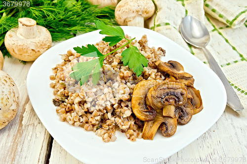 Image of Buckwheat with champignons in plate on light board