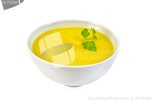 Image of Soup-puree pumpkin with parsley in white bowl