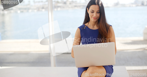 Image of Woman sitting on a waterfront bench using a laptop