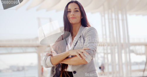 Image of Confident attractive woman with long brown hair