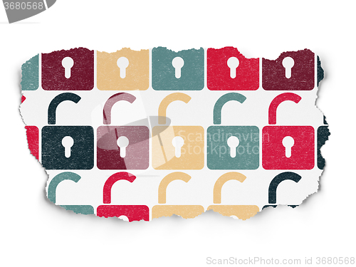 Image of Protection concept: Opened Padlock icons on Torn Paper background