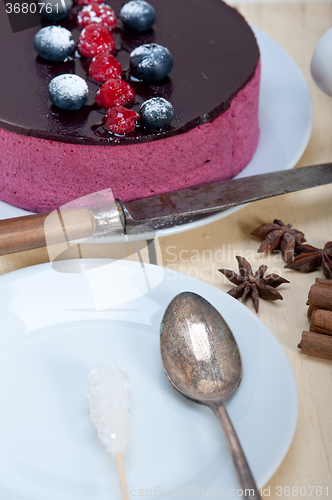 Image of blueberry and raspberry cake mousse dessert