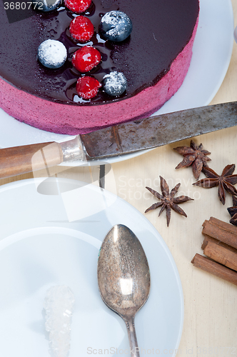 Image of blueberry and raspberry cake mousse dessert