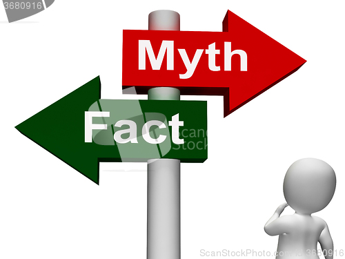 Image of Fact Myth Signpost Shows Facts Or Mythology