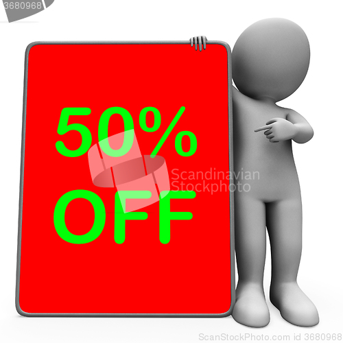 Image of Fifty Percent Off Tablet Character Means 50% Reduction Or Sale O