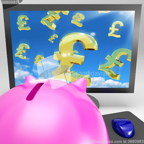 Image of Pound Symbols Flying On Monitor Showing Britain Wealth