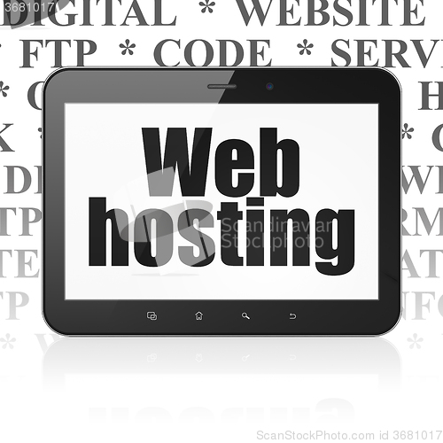 Image of Web design concept: Tablet Computer with Web Hosting on display