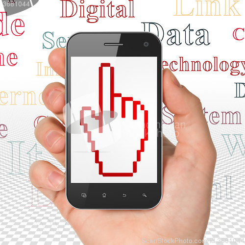 Image of Web development concept: Hand Holding Smartphone with Mouse Cursor on display