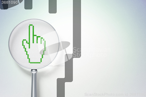 Image of Marketing concept:  Mouse Cursor with optical glass on digital background