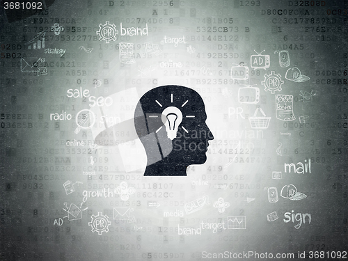 Image of Advertising concept: Head With Light Bulb on Digital Paper background