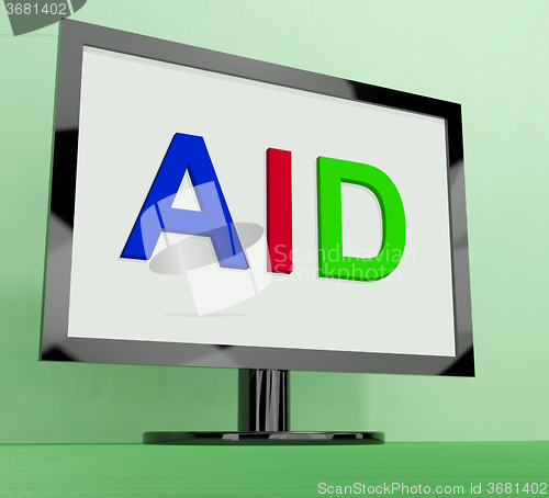 Image of Aid On Monitor Shows Aiding Help Or Relief