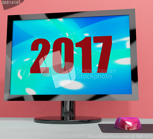 Image of Two Thousand And Seventeen On Monitor Shows Year 2017