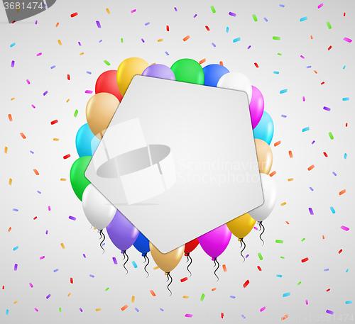 Image of pentagon badge and color balloons
