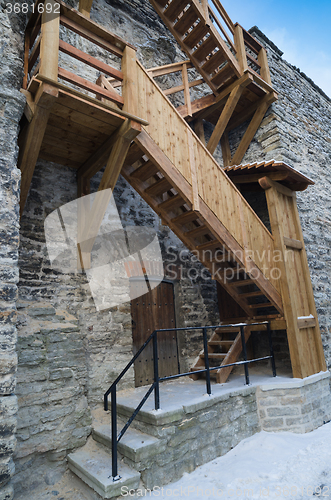 Image of Wooden stairs the leader on a medieval city wall 