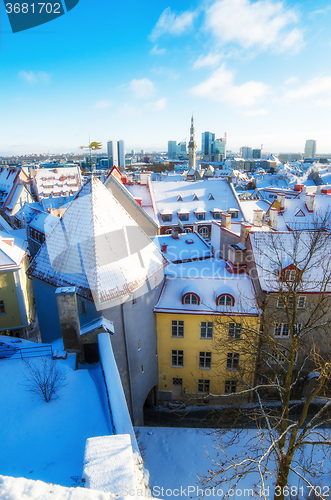 Image of View over the rooftops of old Tallinn frosty morning