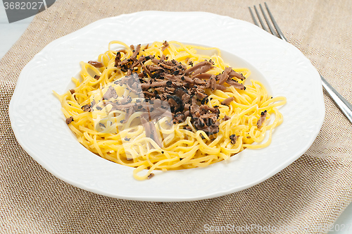 Image of Pasta typical of Piedmont called tajarin with truffle