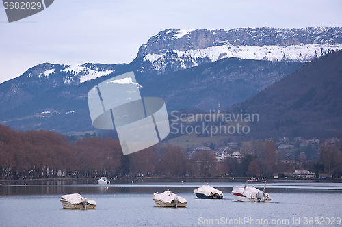 Image of View of the French town of Annecy in winter with fog