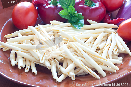 Image of Typical Calabrian pasta called " fileja " with chilli and tomato