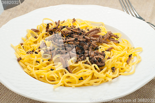 Image of Pasta typical of Piedmont called tajarin with truffle