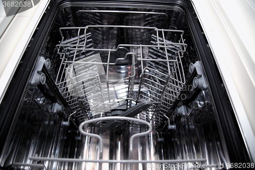 Image of View of the interior of an empty opened dishwasher