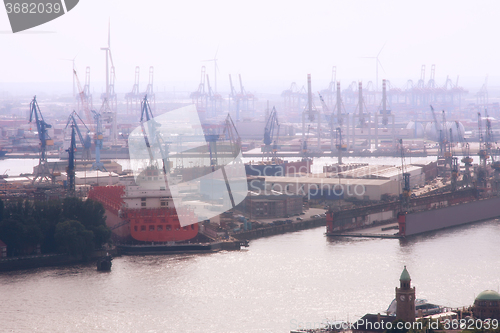 Image of Port of Hamburg in the fog, Germany