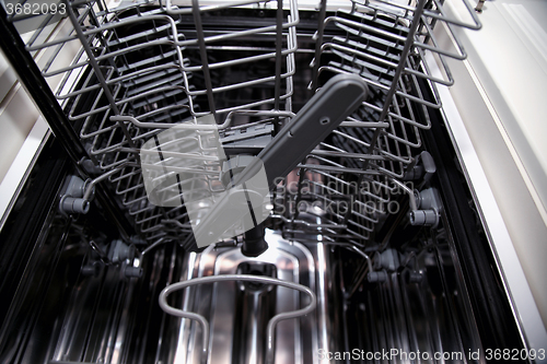 Image of View of the interior of an empty opened dishwasher