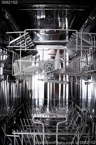 Image of View of the interior of an empty opened dishwasher