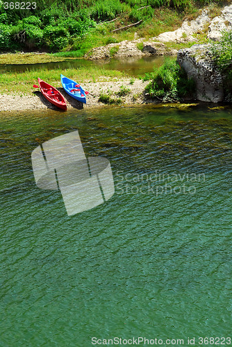 Image of Kayaks on river bank