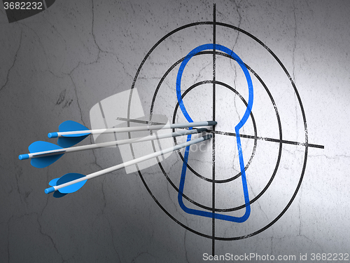 Image of Information concept: arrows in Keyhole target on wall background