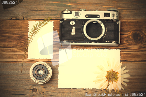 Image of vintage camera, old lens and pressed flower