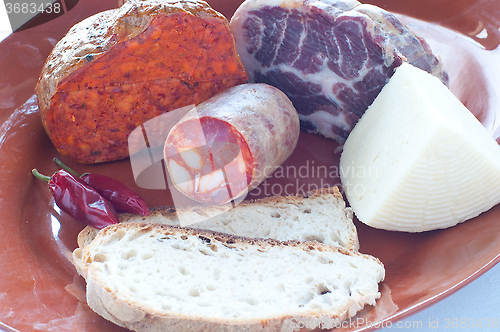 Image of Typical salami and cheeses Calabrian brawn , ham , salami , n'du
