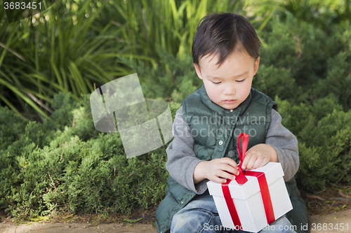 Image of Mixed Race Boy Opening A Christmas Gift Outdoors