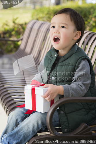 Image of Mixed Race Boy Opening A Christmas Gift Outdoors
