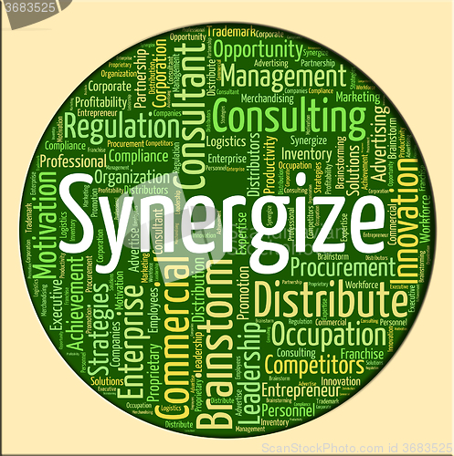 Image of Synergize Word Shows Working Together And Collaborate