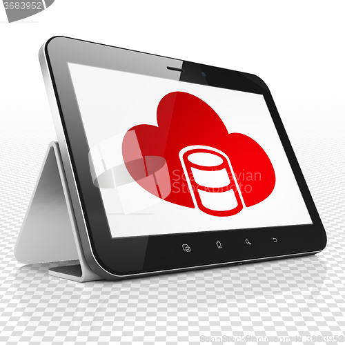 Image of Cloud computing concept: Tablet Computer with Database With Cloud on display